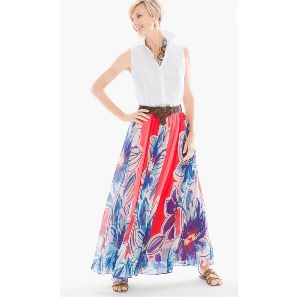 Chico's Floral Maxi Skirt Size 2 12/14 Smocked Waist Colorful Boho Resort